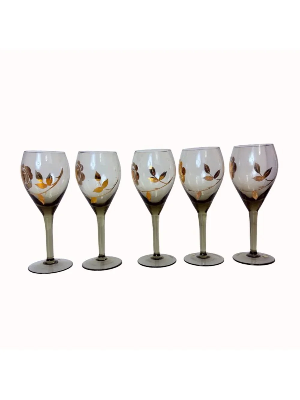 Vintage MCM Smoked Glass Barware Set Pitcher 5 Wine Glasses Gold Floral Hungary